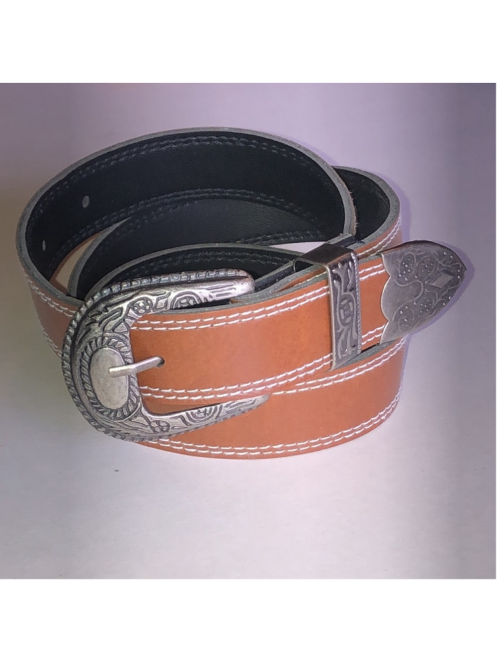Brown Faux Leather Belt with Decorative Silver Buckle